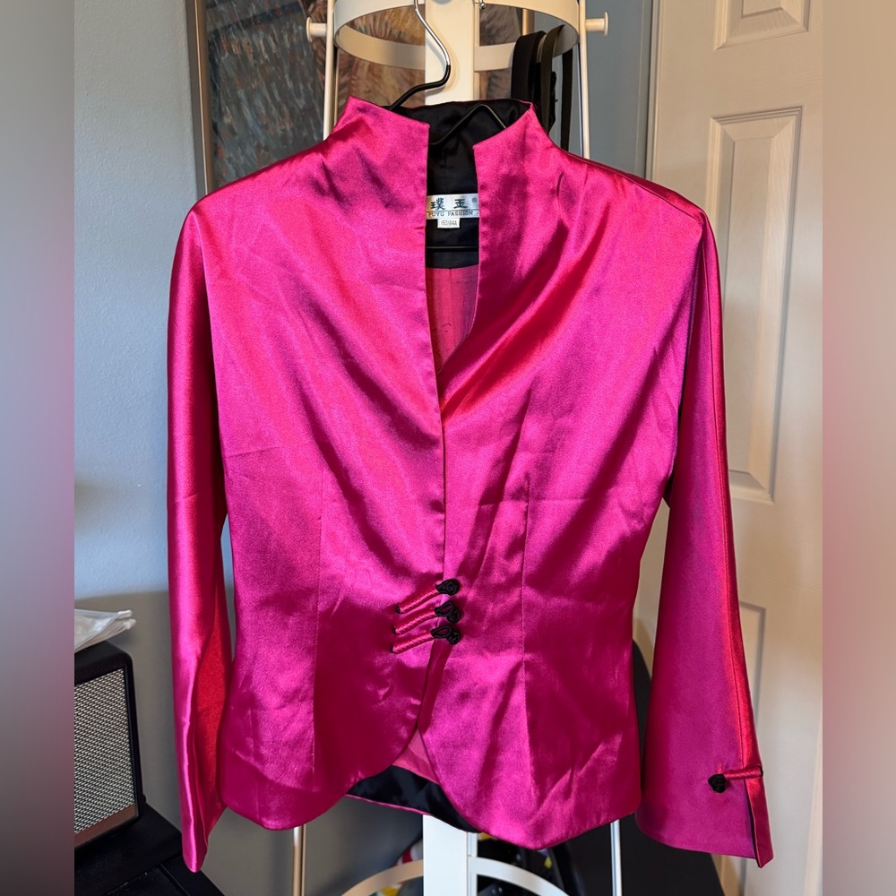 Silky Fuchsia Mandarin Collar Embroidered Jacket